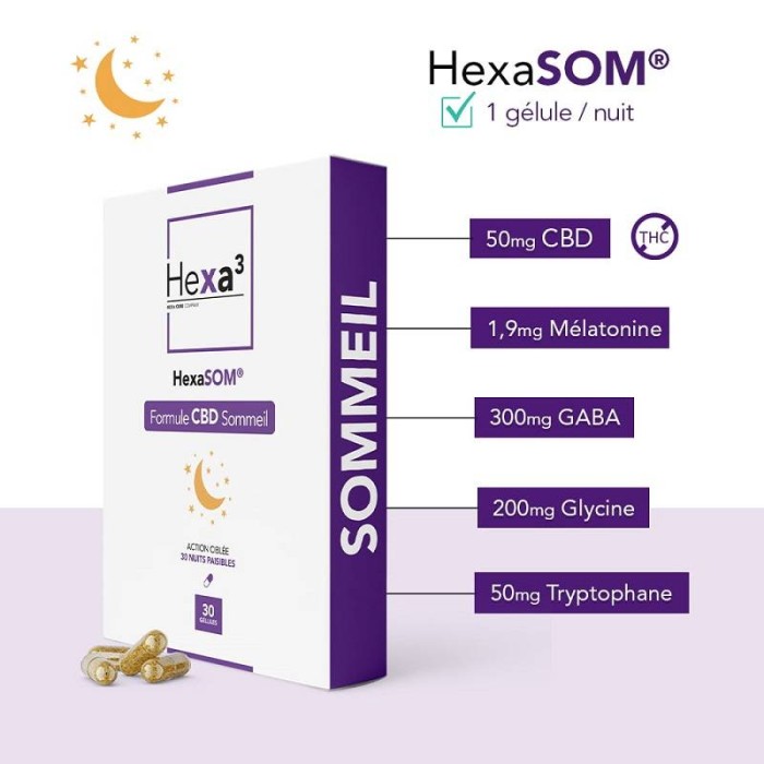 Capsules au CBD et Mélatonine HexaSOM 50mg de marque Hexa3