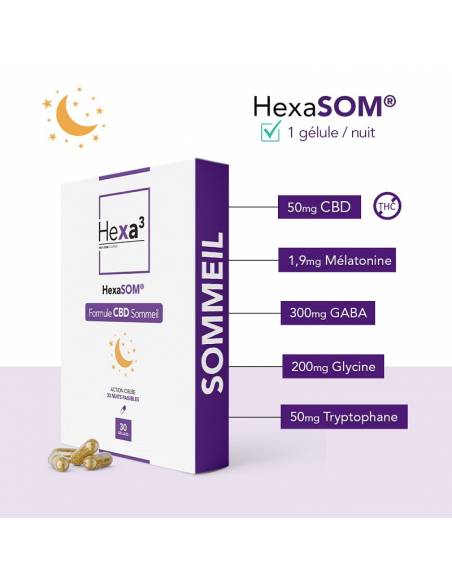 Capsules au CBD et Mélatonine HexaSOM 50mg de marque Hexa3